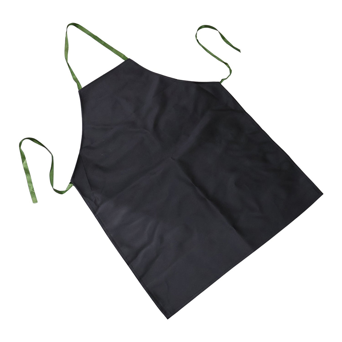 A black apron with green ties is angled on a white background.