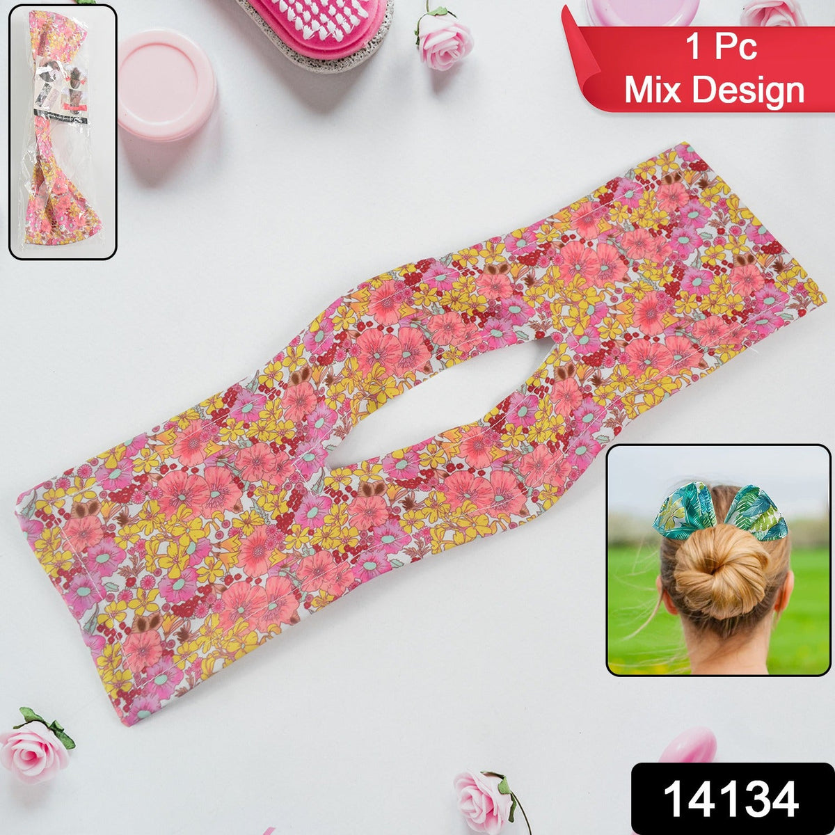 Pink and yellow knotted wire headband with an inset showing a headband in a different pattern.