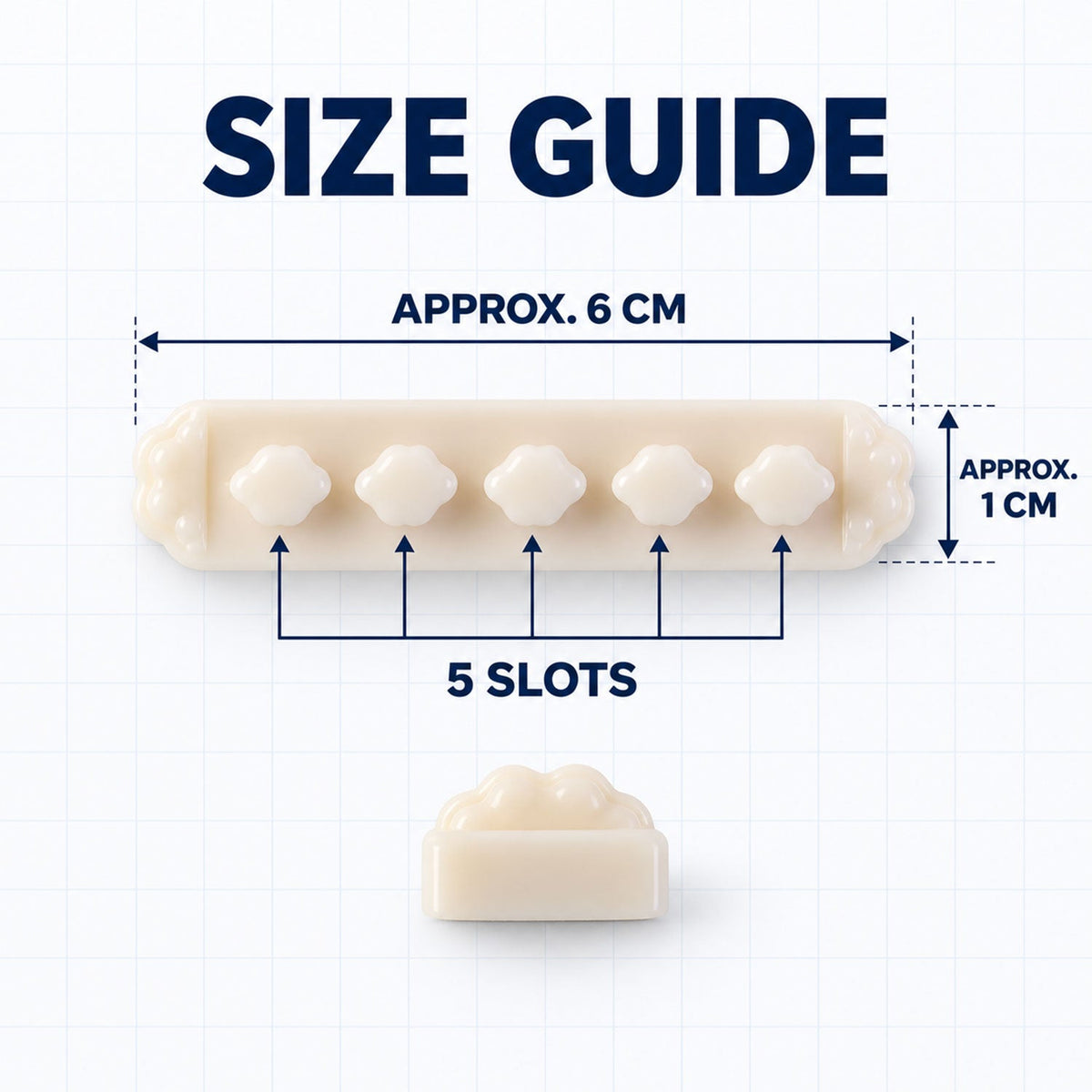 Size guide for the beige flower-shaped cable organizer clip, showing approximate dimensions of 6 cm length and 1 cm width.