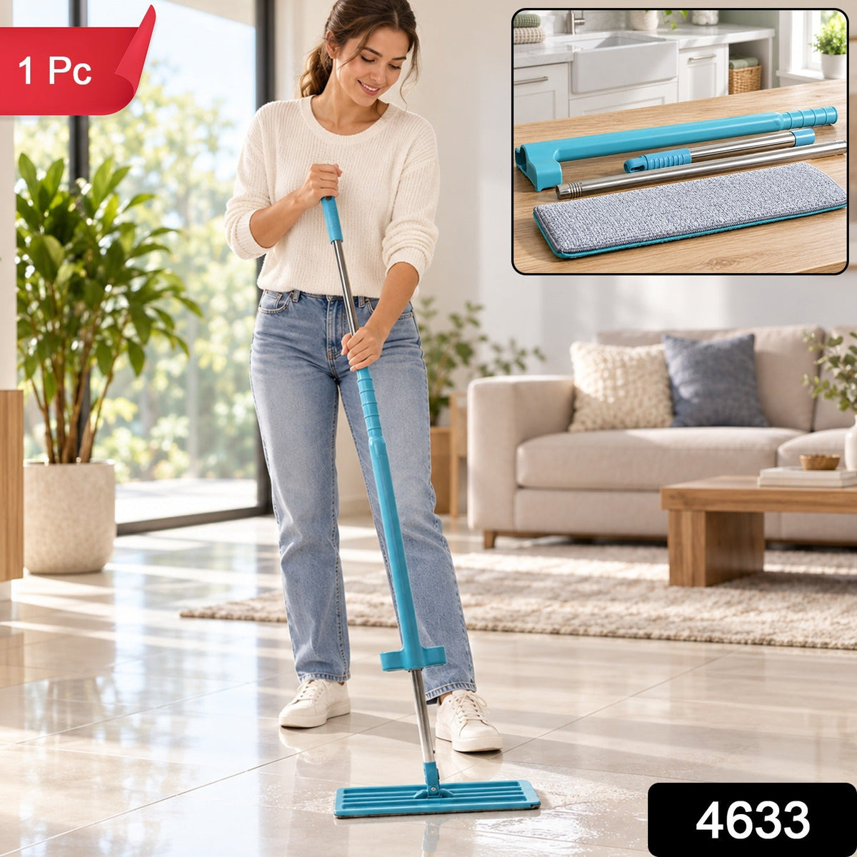 A woman mops a tiled floor with a blue flat mop, with a kitchen inset and product labels.