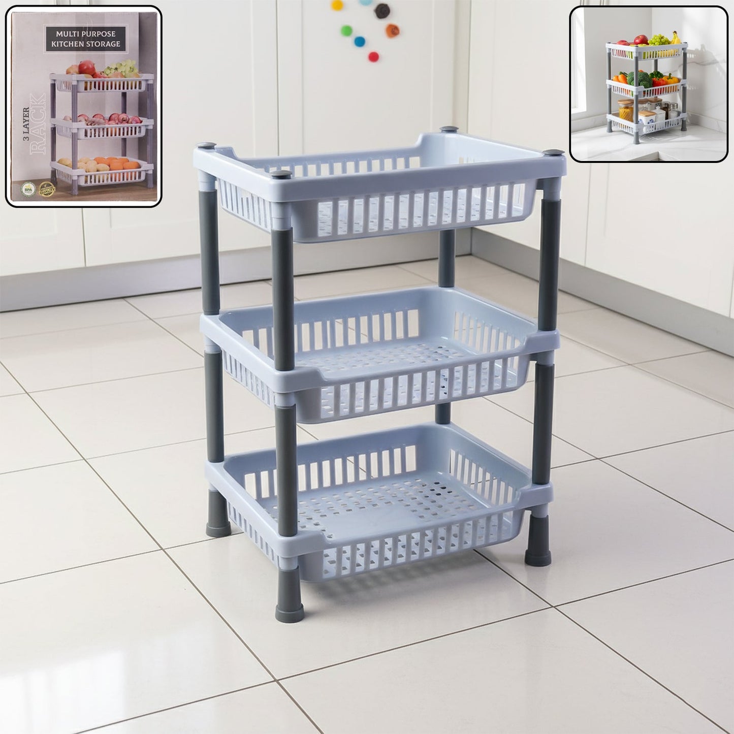 Stay Organized Kitchen Storage Basket Rack – 3-Layer