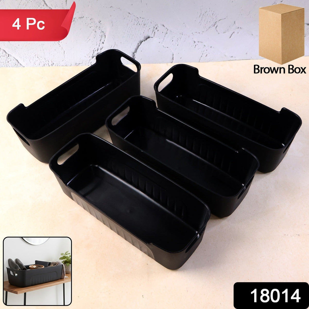 All-in-One Black Plastic Storage Basket Tray – 4-Piece - main product view