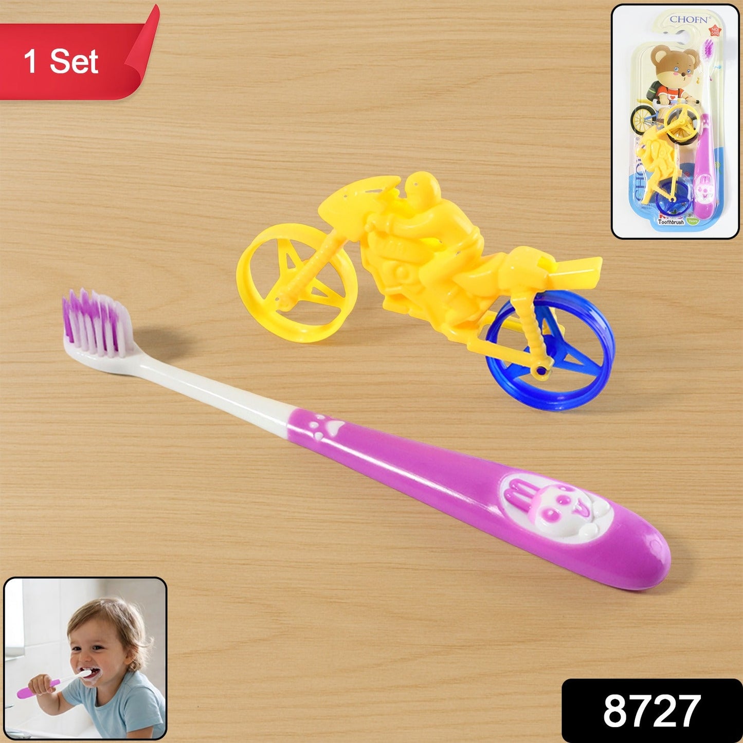Kids Toothbrush – Panda Design with Fun Motorcycle Toy Set