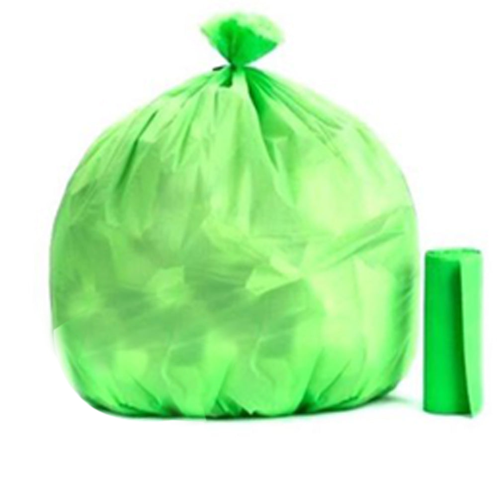 Heavy-duty biodegradable green corn starch trash bags for secure garbage disposal.