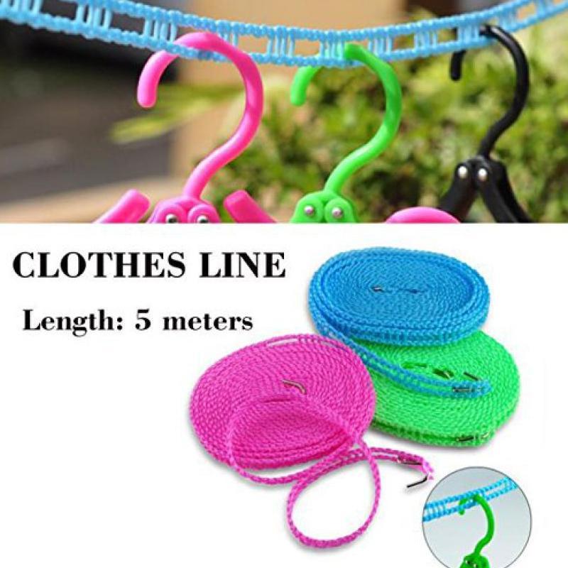 Nylon Clothesline – 5m Windproof Rope with Hooks