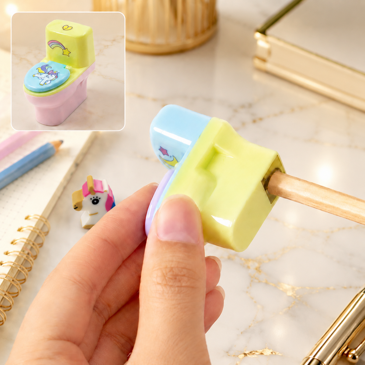 A hand holds a pastel yellow and pink toilet-shaped pencil sharpener, with a pencil being sharpened. Inset shows the full