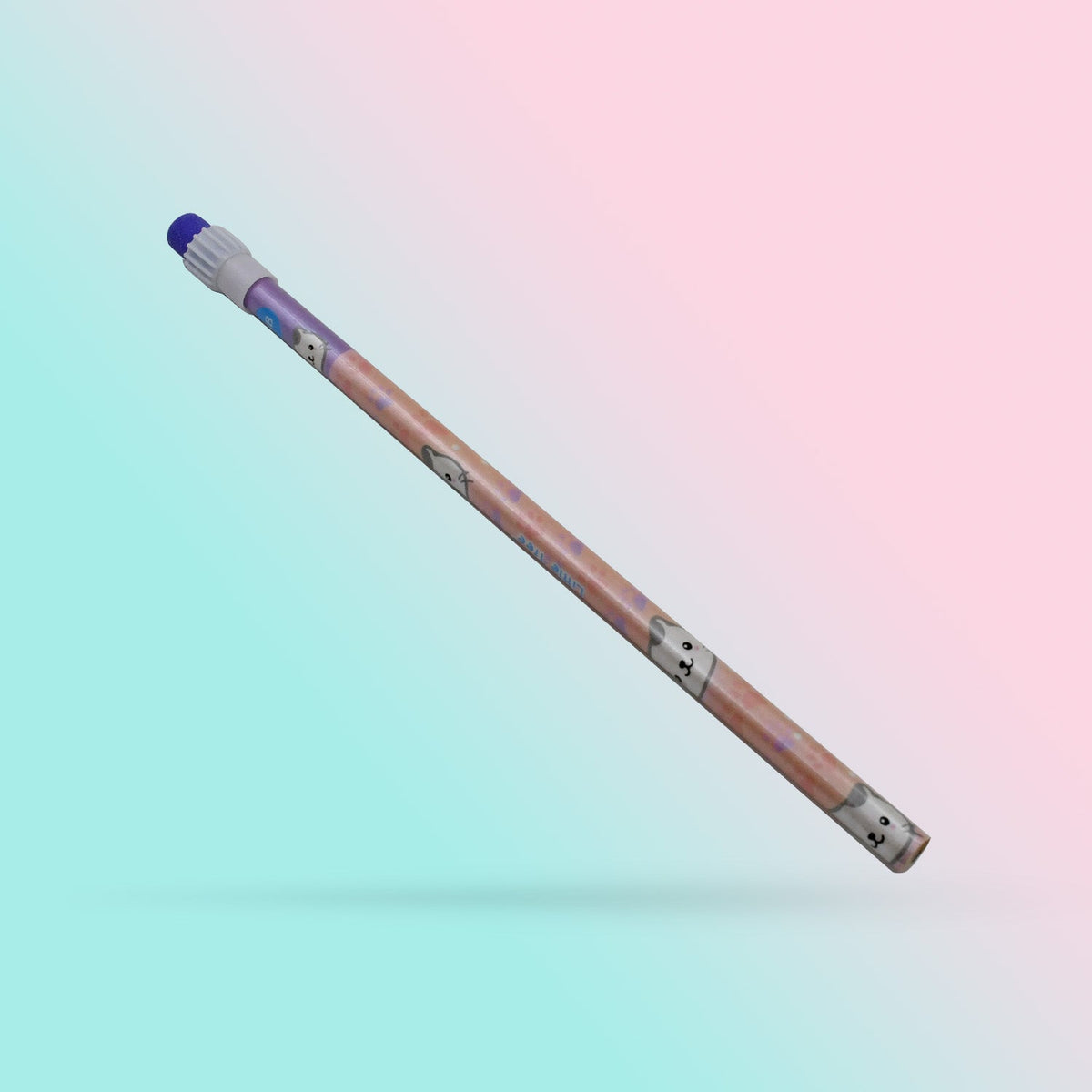 A single pastel pink pencil with a bunny design and a blue eraser tip floats against a pink and blue gradient background.