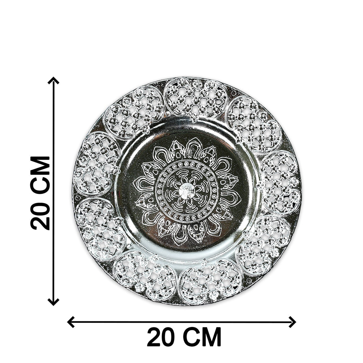 A silver-colored plastic pooja thali with embossed details, marked with arrows indicating its 20 cm diameter.