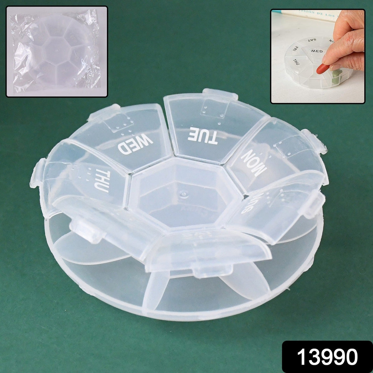 A clear, disassembled 7-day pill organizer with day labels on a dark green background.