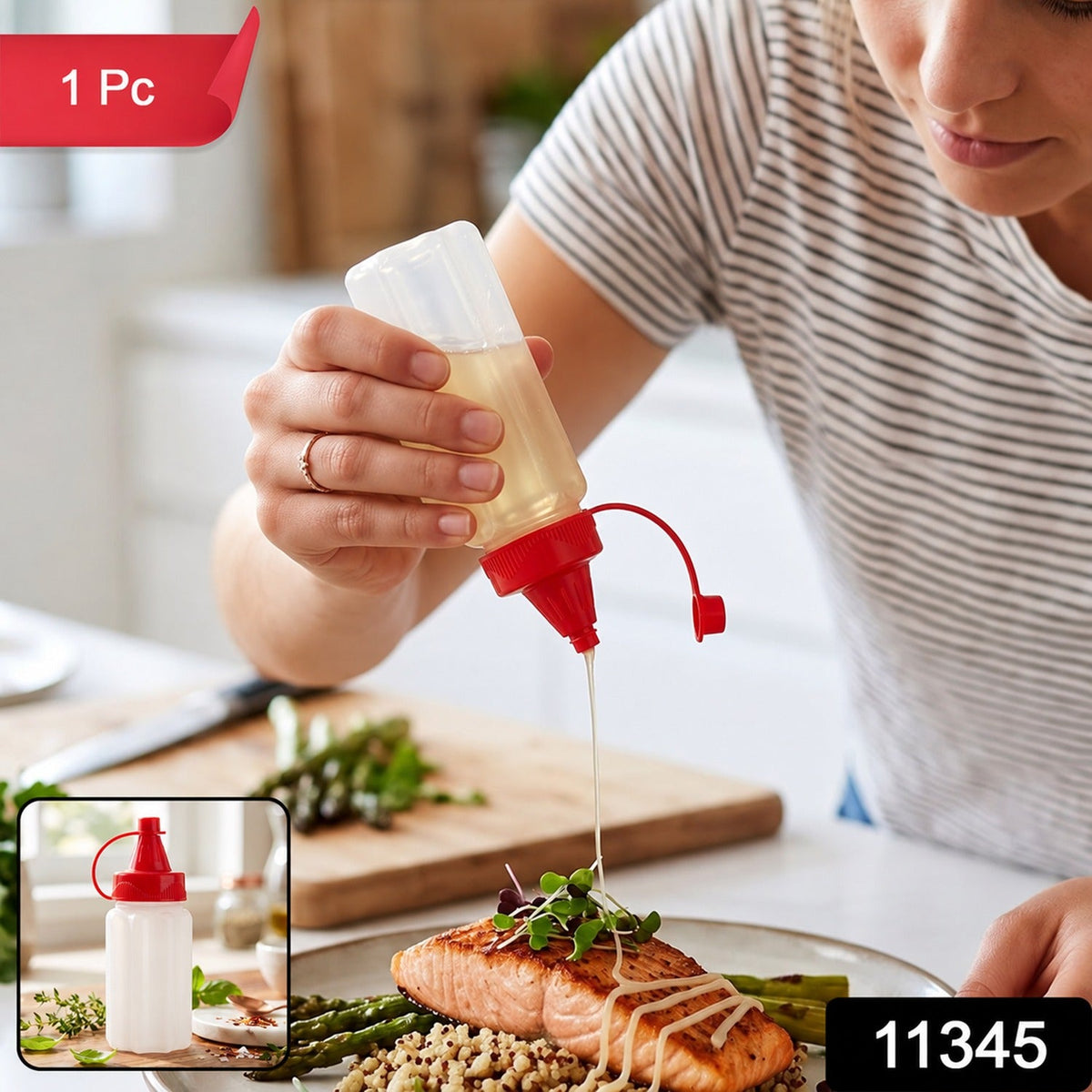 A person drizzles oil from a clear plastic squeeze bottle with a red cap onto salmon and asparagus. – view 2
