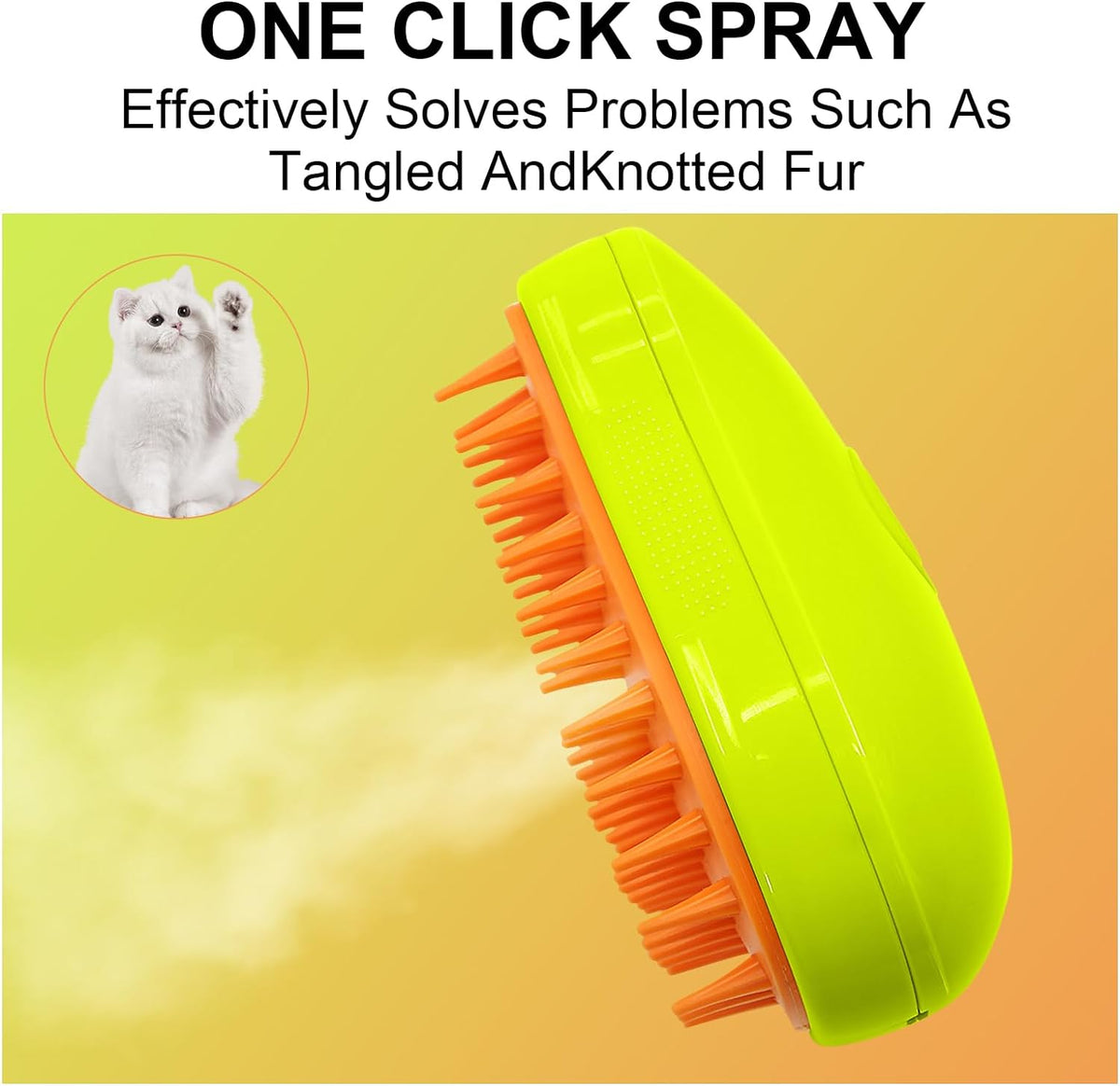 A lime green and orange pet brush is shown with a spray mist and a small image of a white cat in the background.