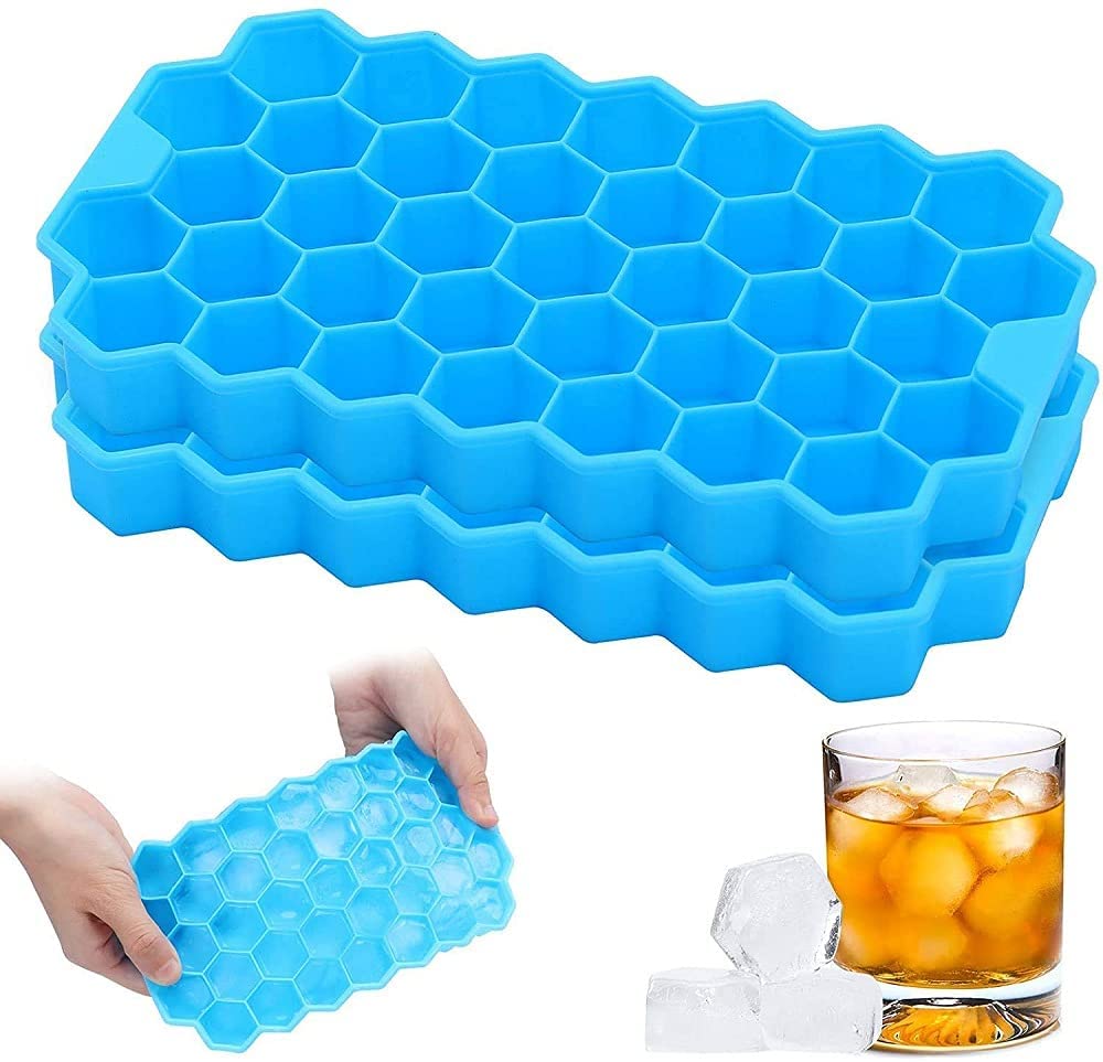Green flexible silicone ice cube tray with innovative honeycomb pattern.