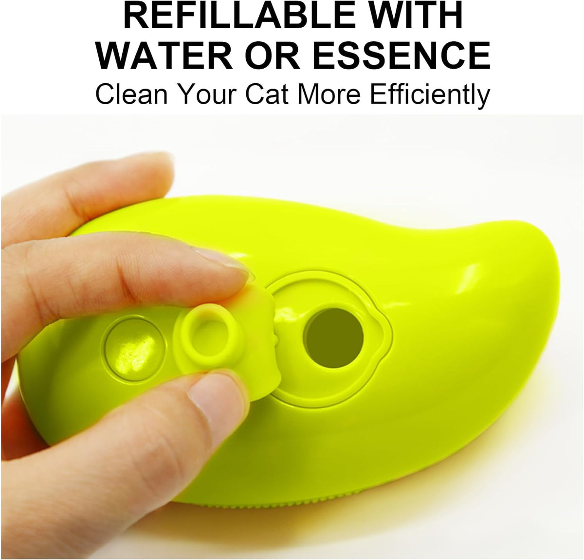 A hand opens the fill port on the lime green pet brush, revealing an opening for water or essence.