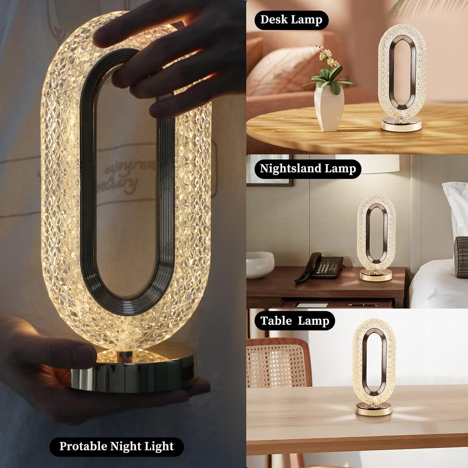 Stylish crystal table lamp, USB rechargeable for cordless use anywhere.