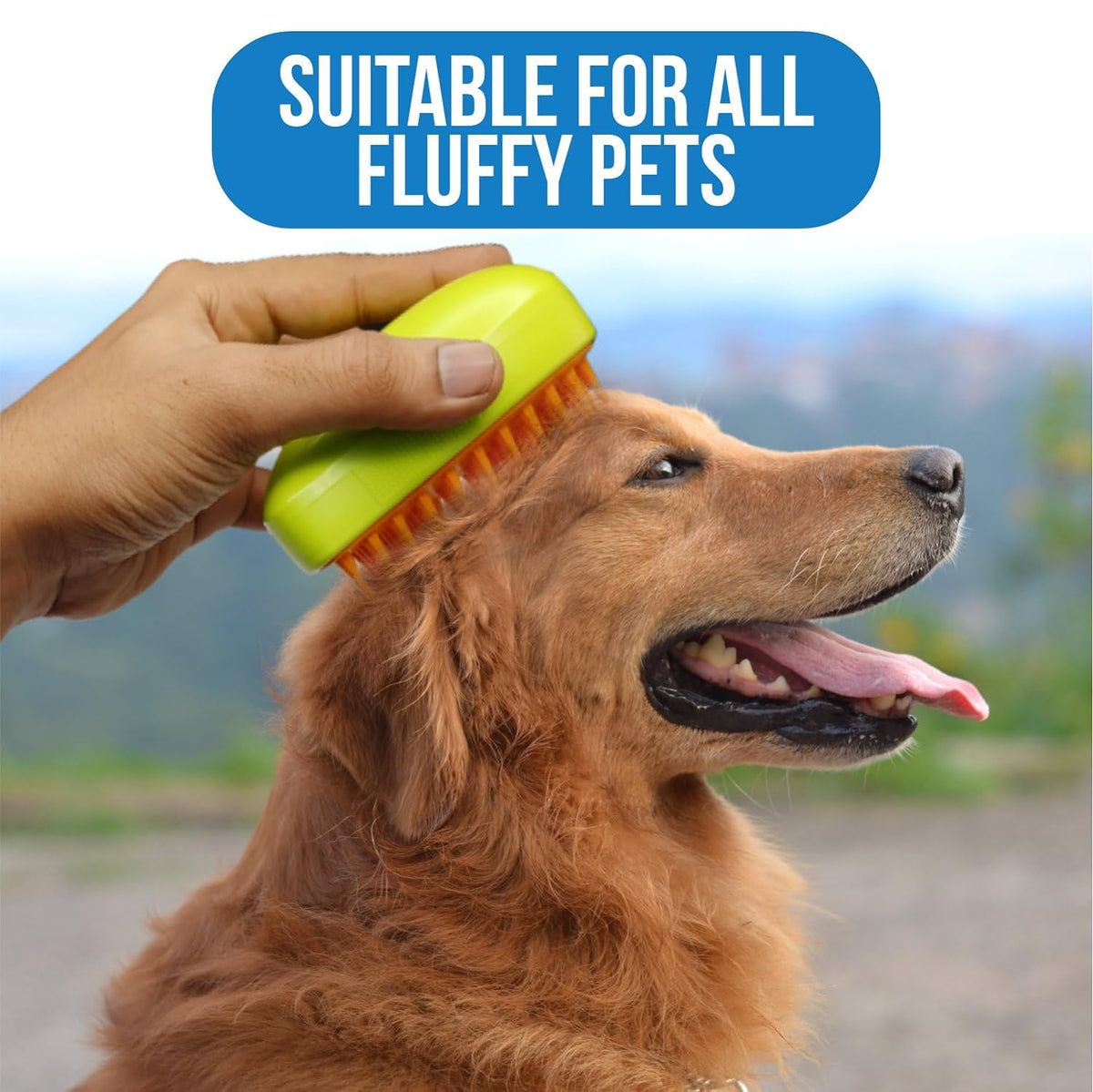A hand brushes a Golden Retriever's head with a lime green and orange pet brush outdoors.