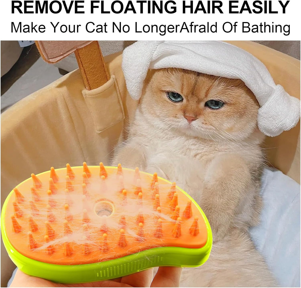A hand holds a lime green and orange brush covered in pet hair, next to a relaxed cat wearing a white towel.