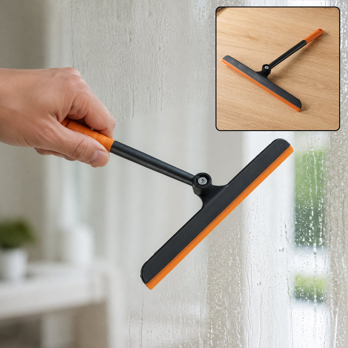 A hand holds an orange and black squeegee cleaning a wet window, with a smaller inset showing the squeegee on wood.