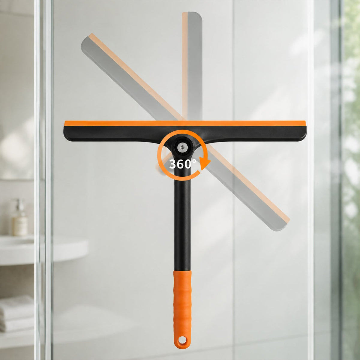 A black and orange squeegee on a glass surface, with an arrow indicating its 360-degree rotating head.