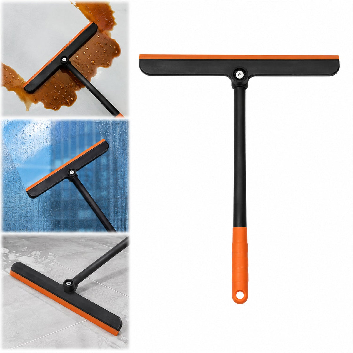 A collage showing the orange and black squeegee cleaning a spill, a window, and a floor, with a full view on the right.