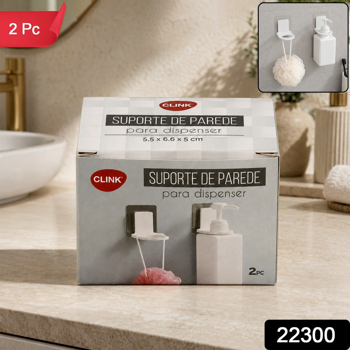 Two white plastic bottle holders with clear adhesive pads on a dark gray tiled wall next to a chrome faucet.