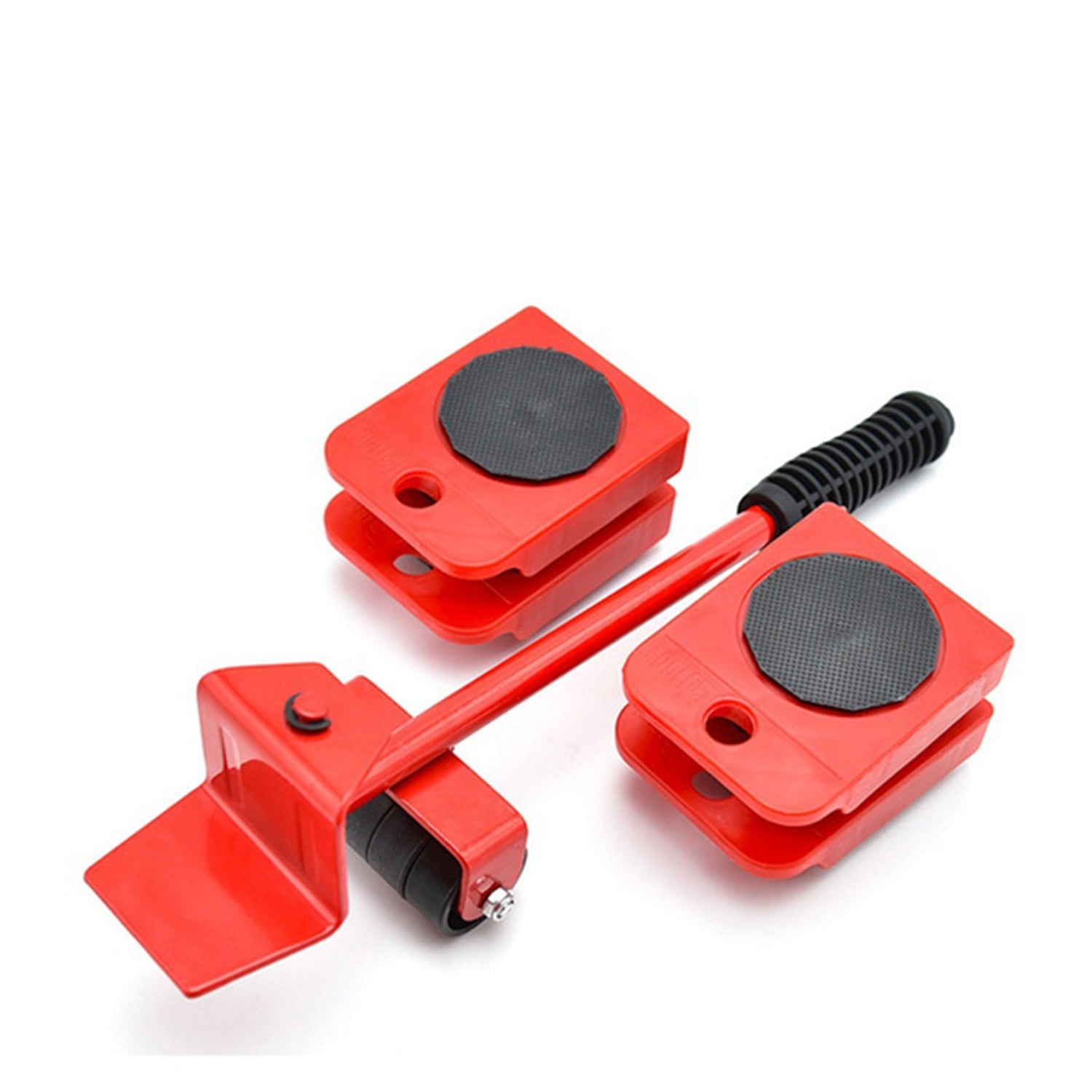 Heavy-duty furniture lifter tool with yellow handle and red pads, ready for appliance shifting.
