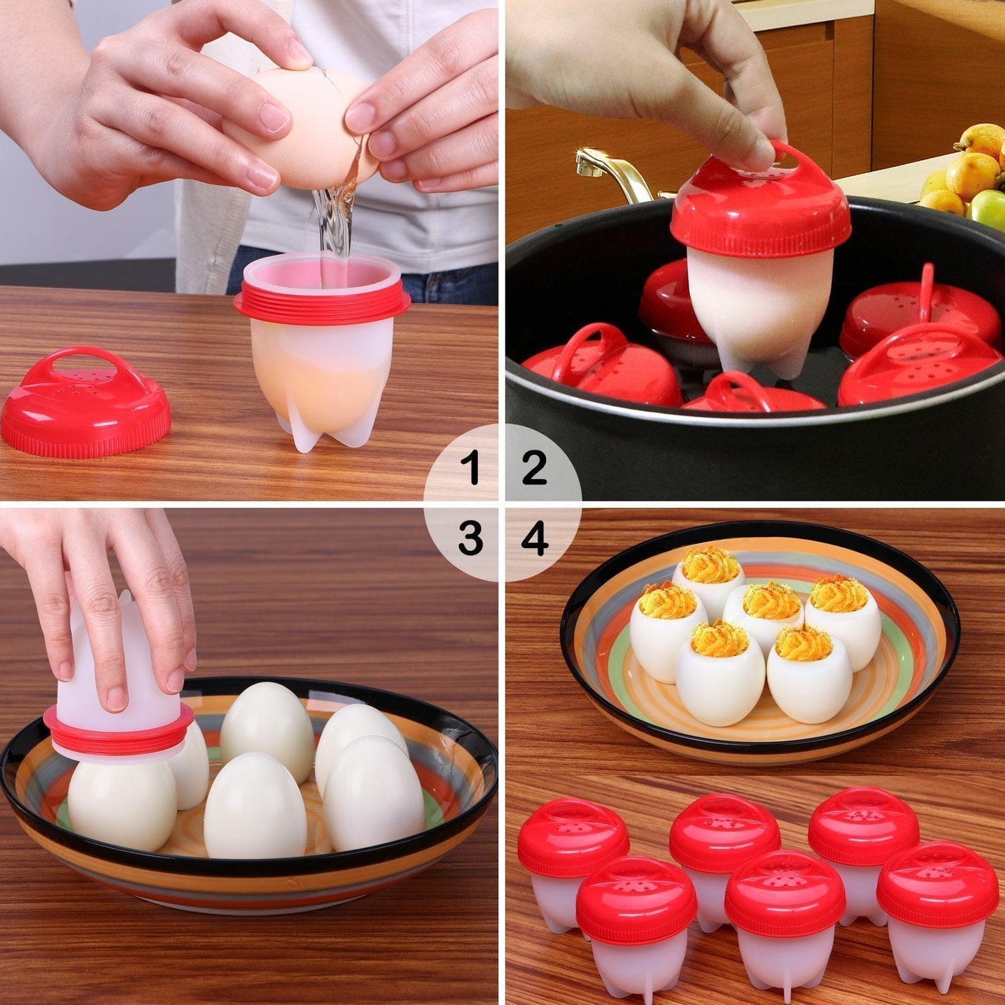 An attractive display of the Nonstick Egg Boiler cups alongside cooked shell-free eggs.
