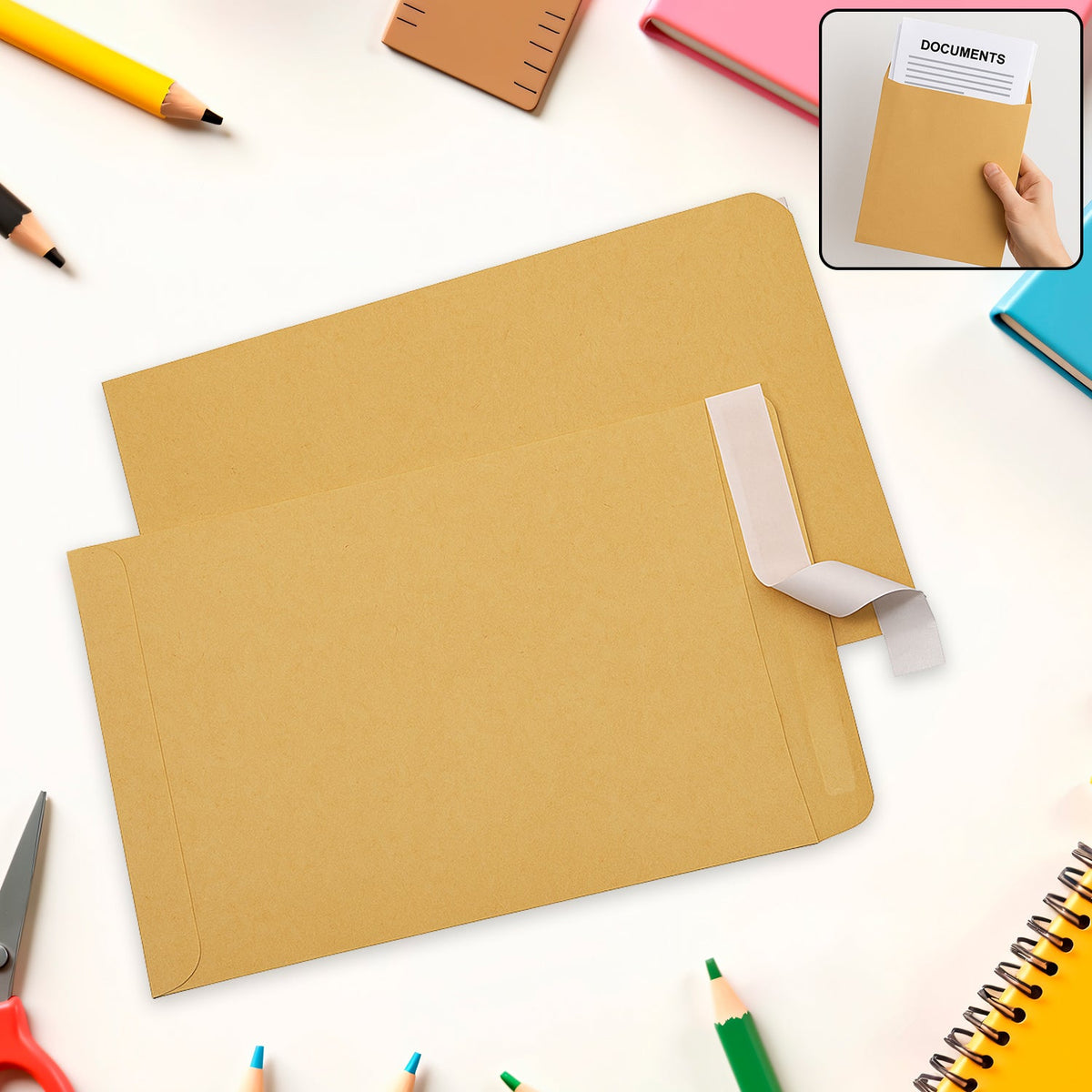 Two brown kraft envelopes with self-seal strips, surrounded by school supplies on a white desk.
