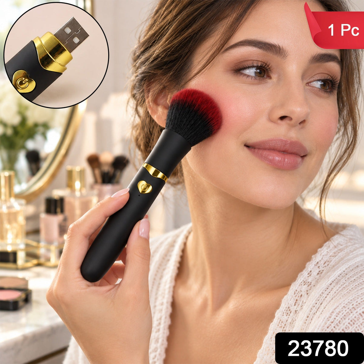 A black and red makeup brush with gold accents is shown with callouts for soft bristles, adjustable vibration, USB recharge,