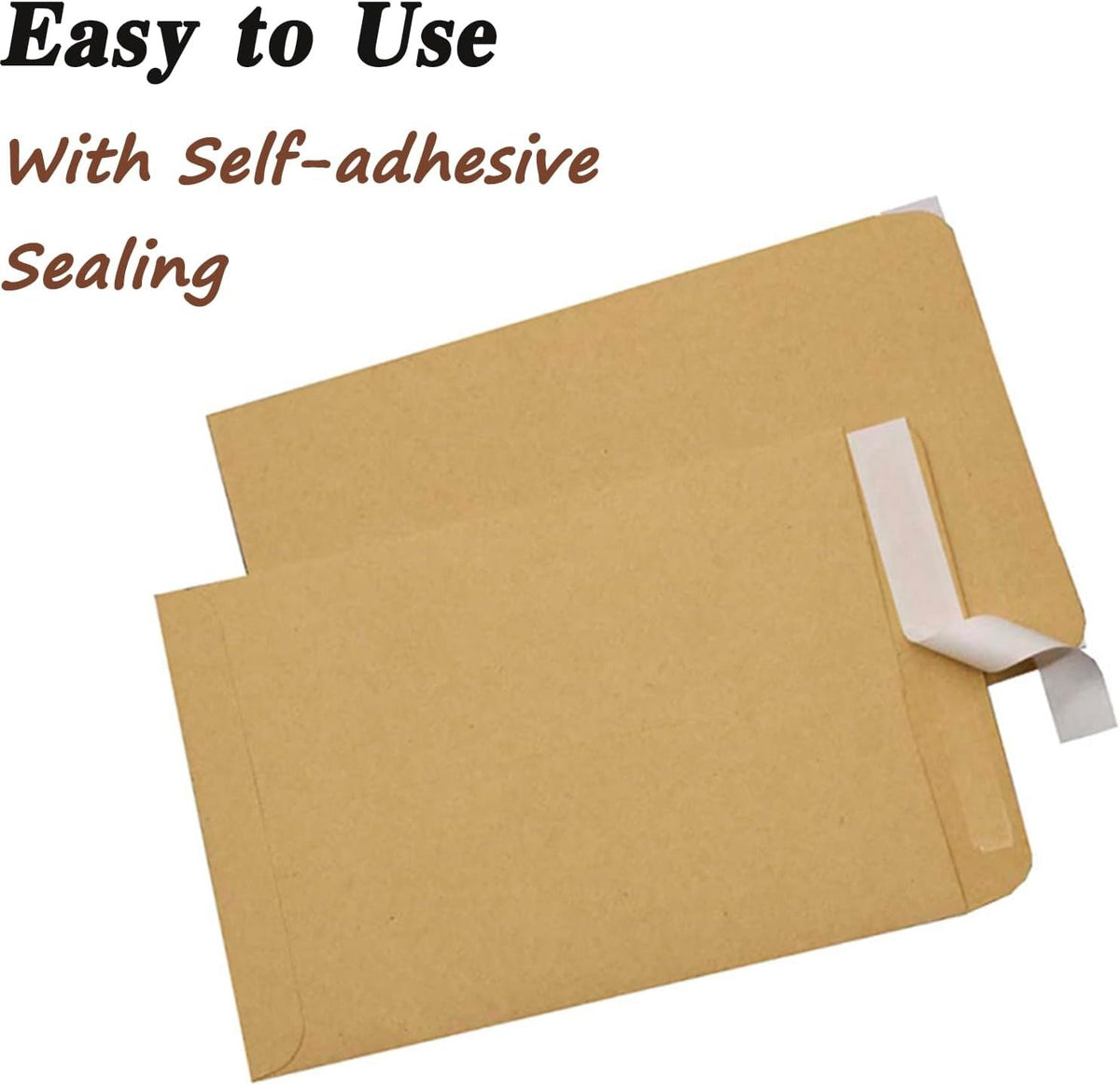 Two brown kraft envelopes with their self-adhesive sealing strips partially peeled, on a white surface.
