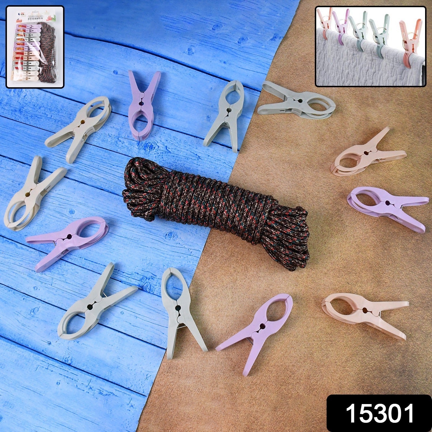 Cloth Drying Rope with Clips – Durable 12-Piece Hanging Set - main product view