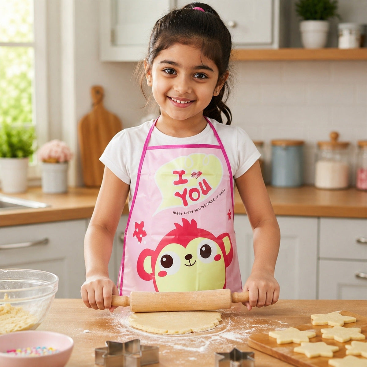 A smiling girl in a pink monkey apron rolls out cookie dough on a wooden counter with star-shaped cookie cutters nearby.