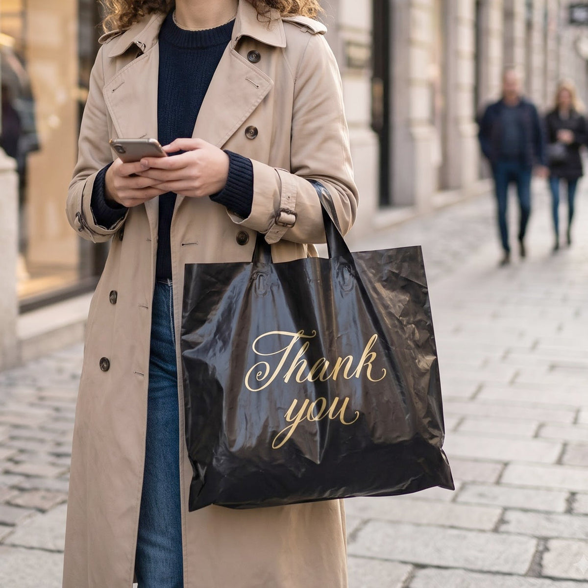 A person in a trench coat holds a black plastic 'Thank You' bag while looking at their phone on a city street.