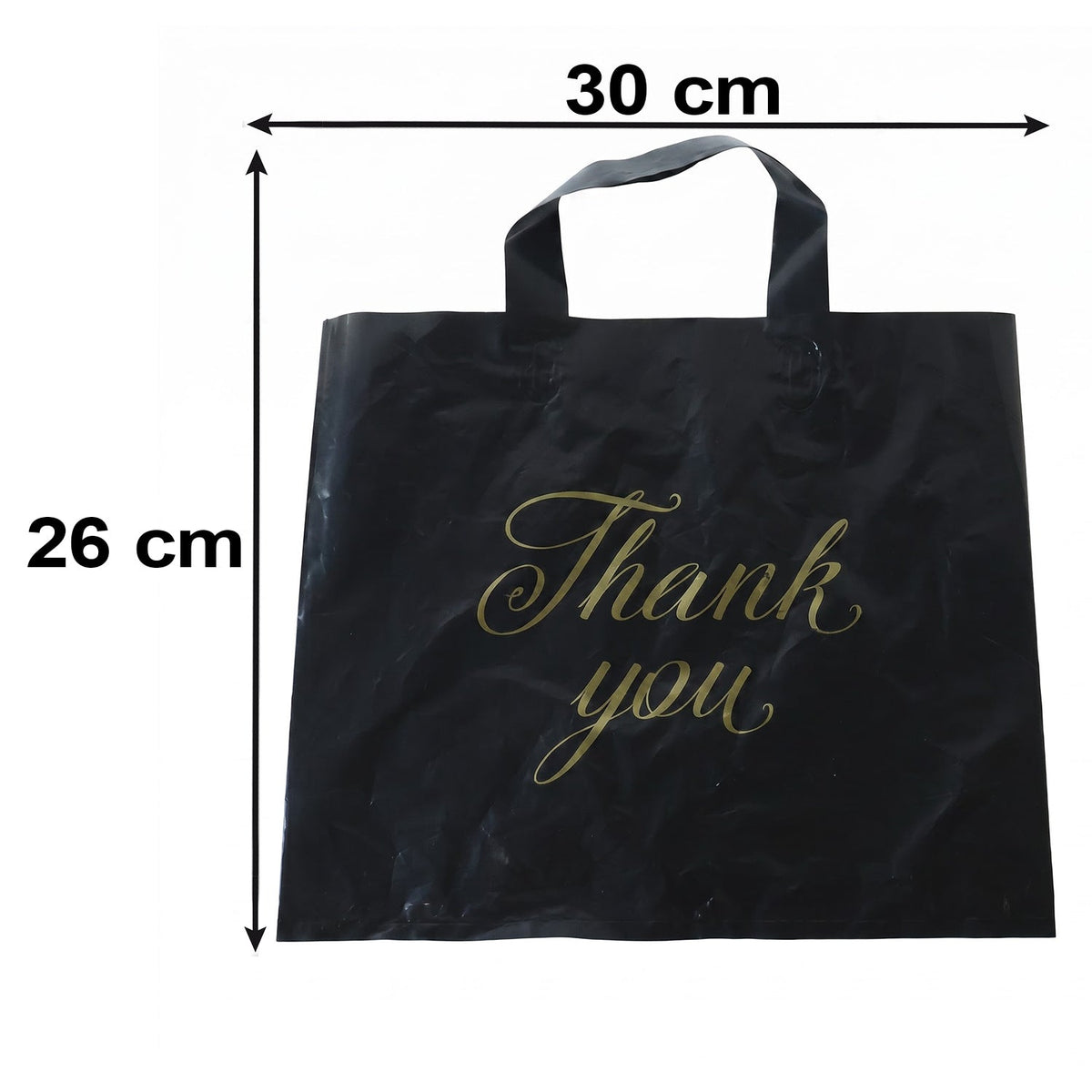 A black plastic 'Thank You' bag with gold script is shown with overlaid dimensions of 30 cm by 26 cm.