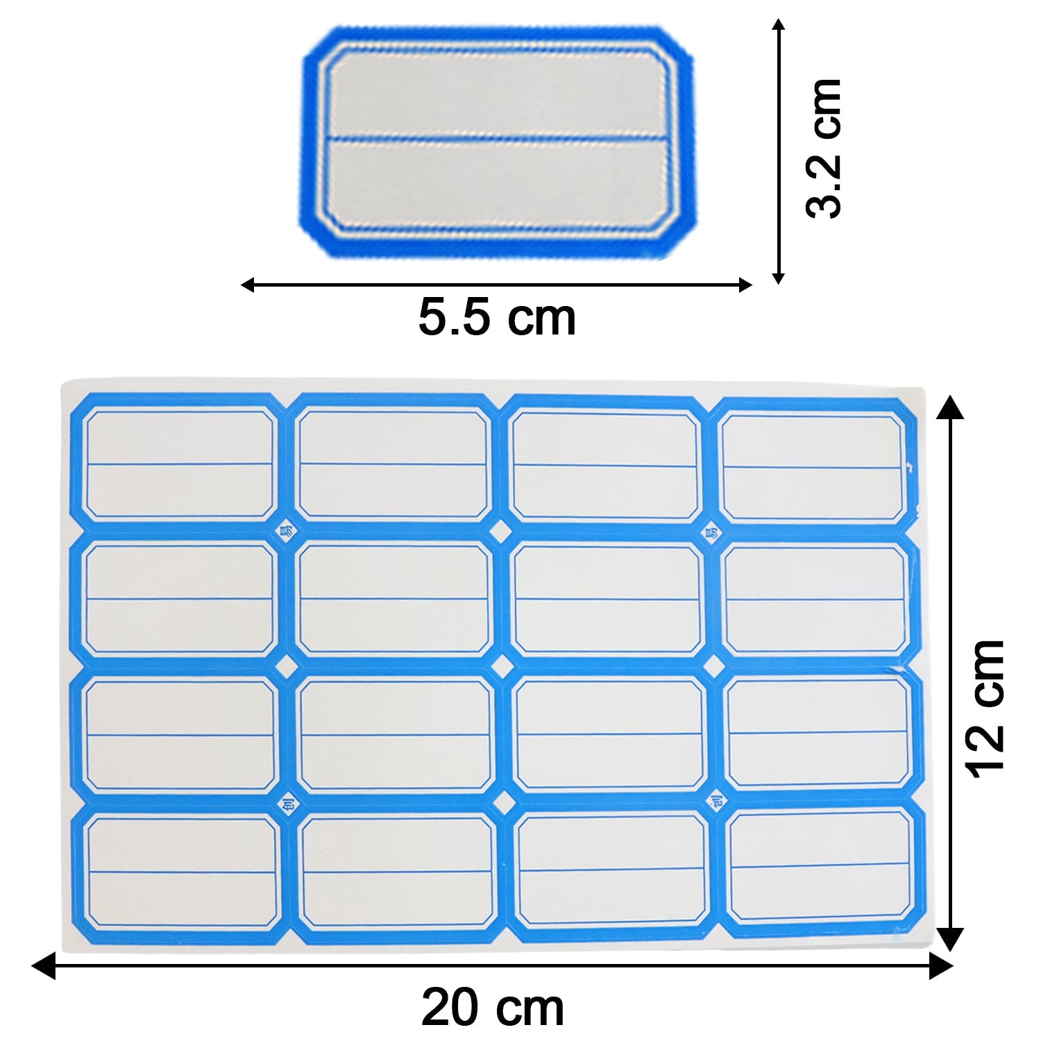 Size reference showing rectangular self-adhesive label stickers on sheet
