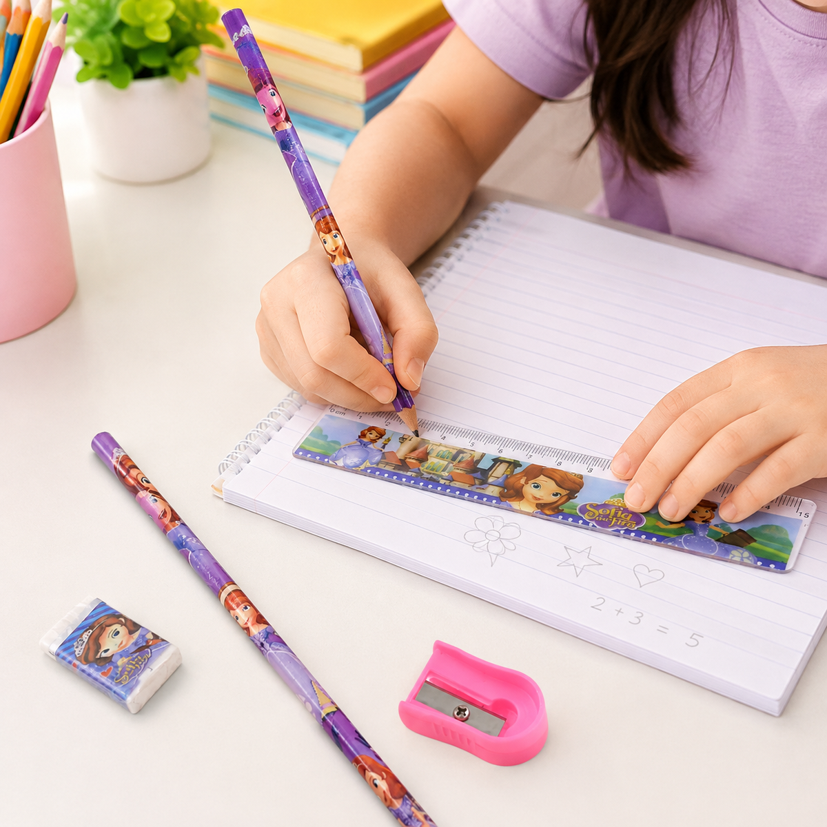 Child's hands using a purple pencil and ruler on a notebook, with an eraser and sharpener nearby.