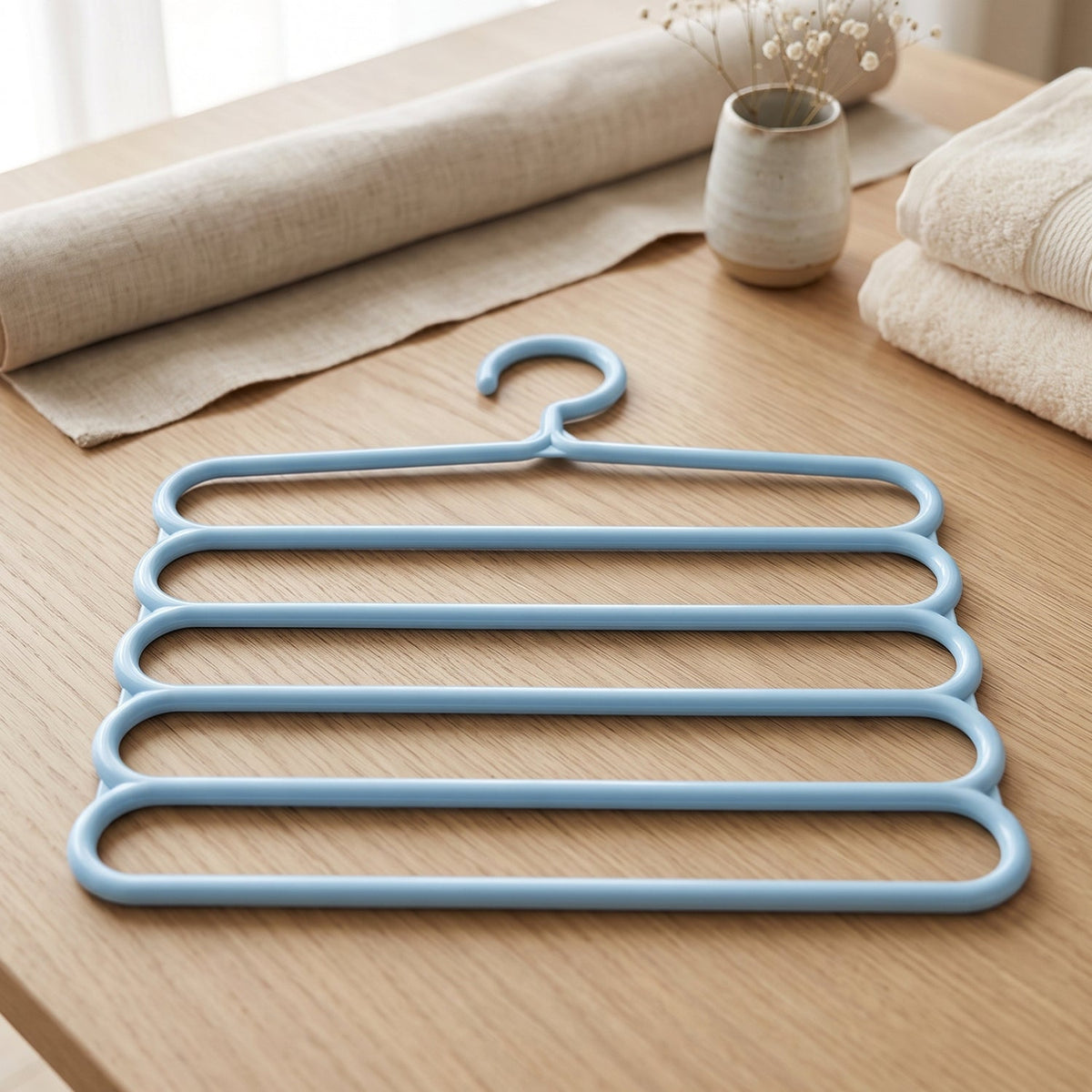 Hanger holding five pairs of trousers