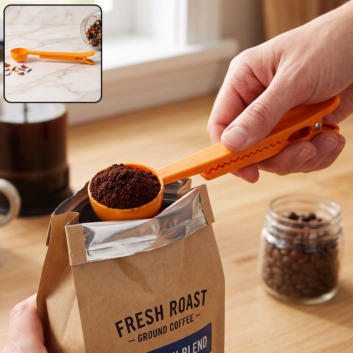A hand holds an orange plastic scoop filled with ground coffee above a coffee bag, with a small inset showing spices.