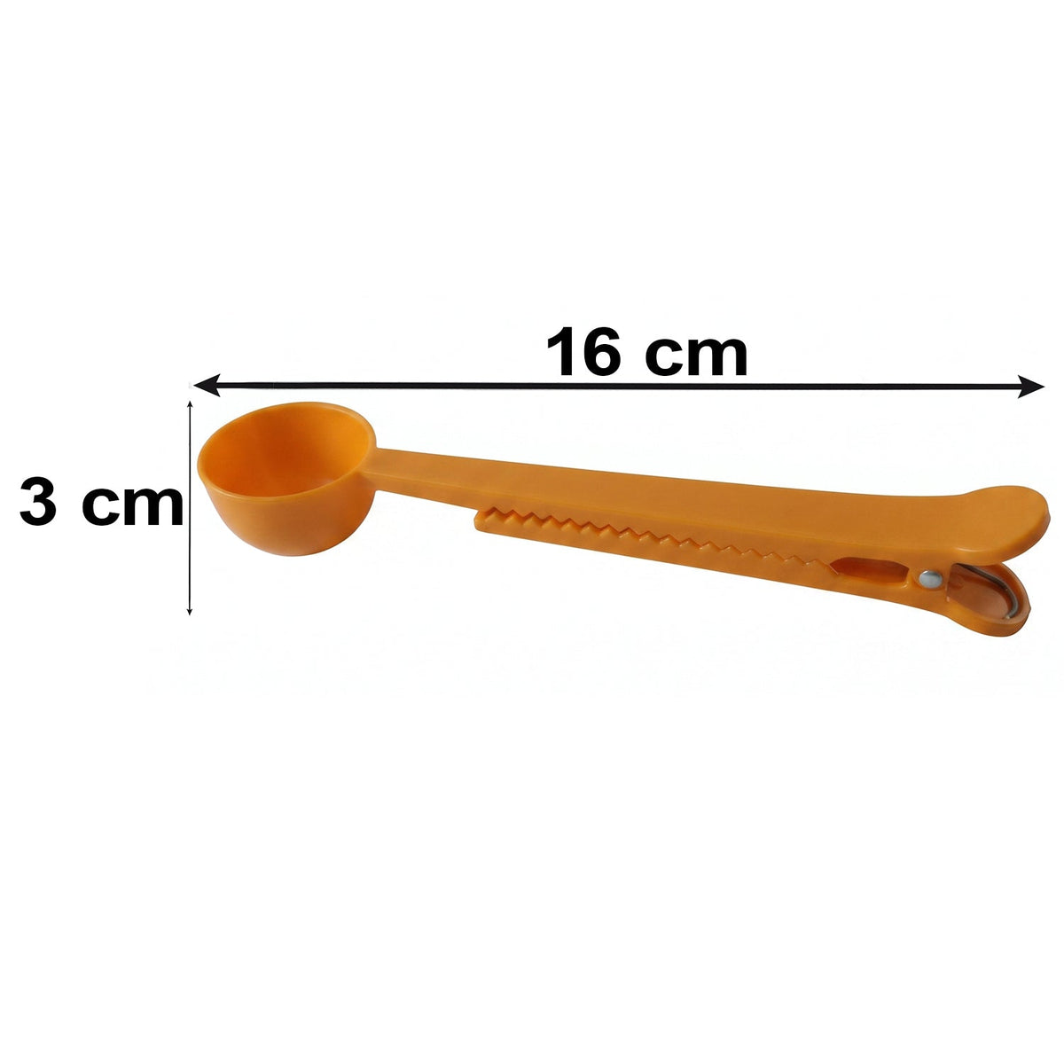 An orange plastic scoop and clip is shown with dimensions: 16 cm length and 3 cm scoop width.