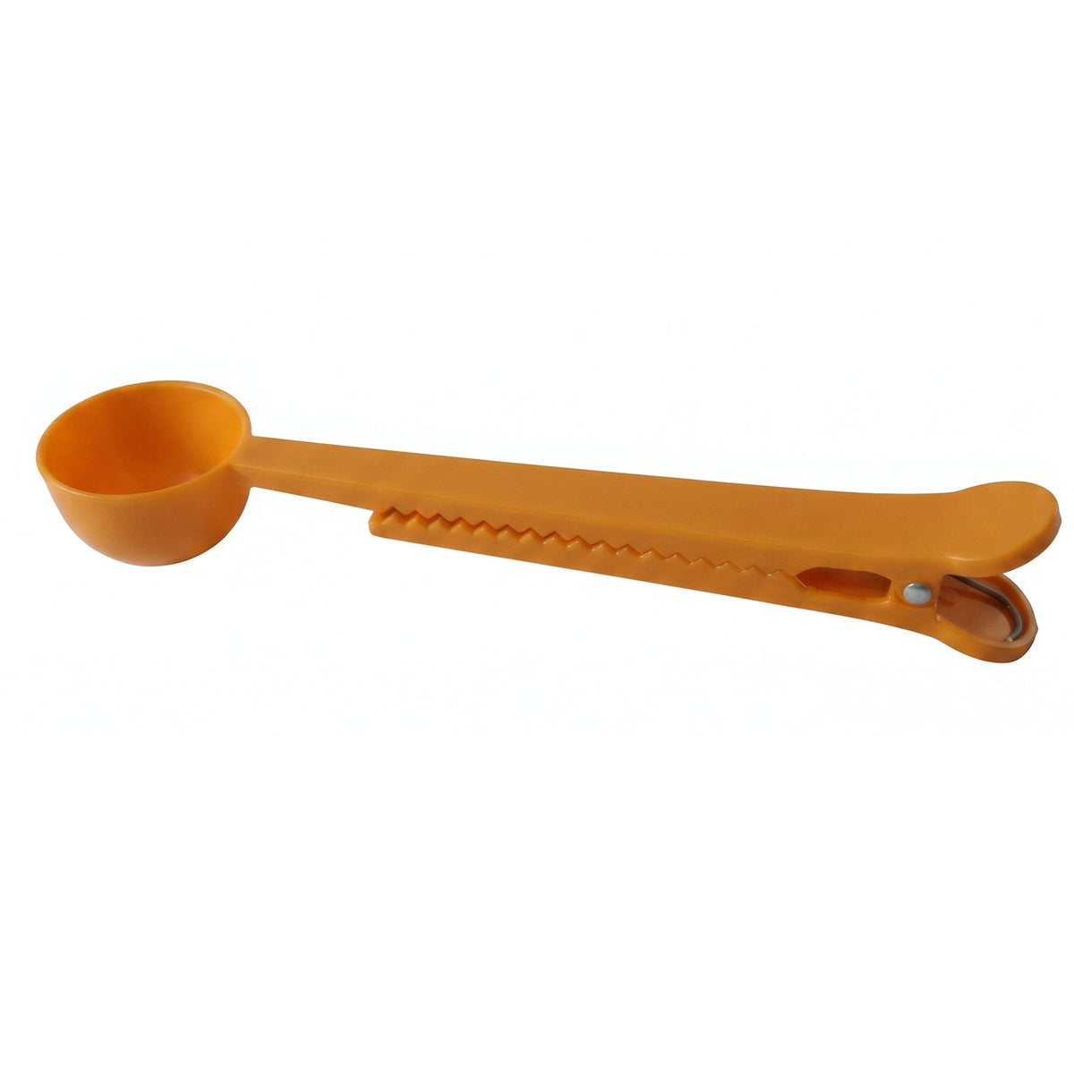 A long, orange plastic measuring scoop with an integrated bag clip is displayed against a white background.