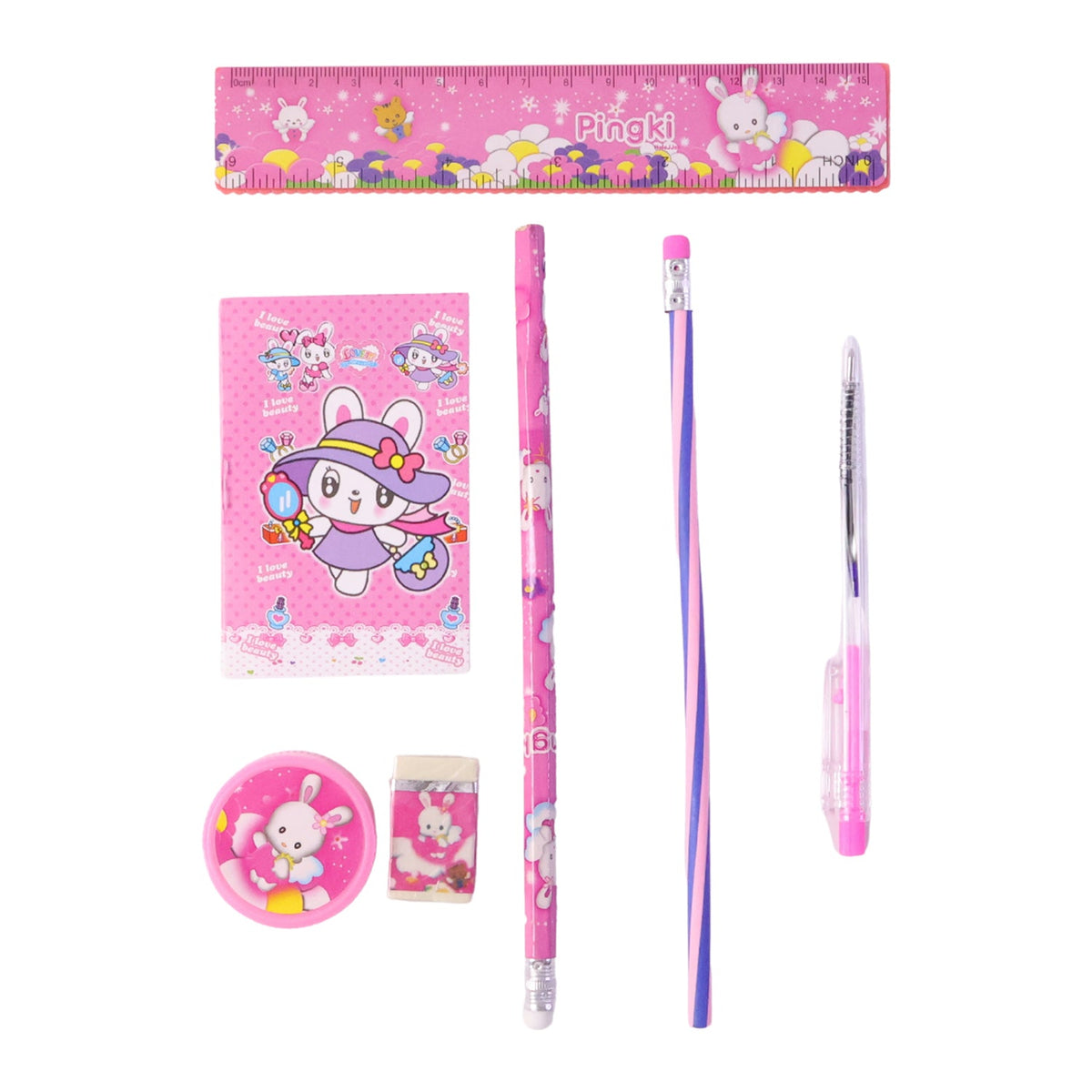 A pink rabbit-themed stationery set, including a ruler, notebook, two pencils, a pen, a sharpener, and an eraser, displayed