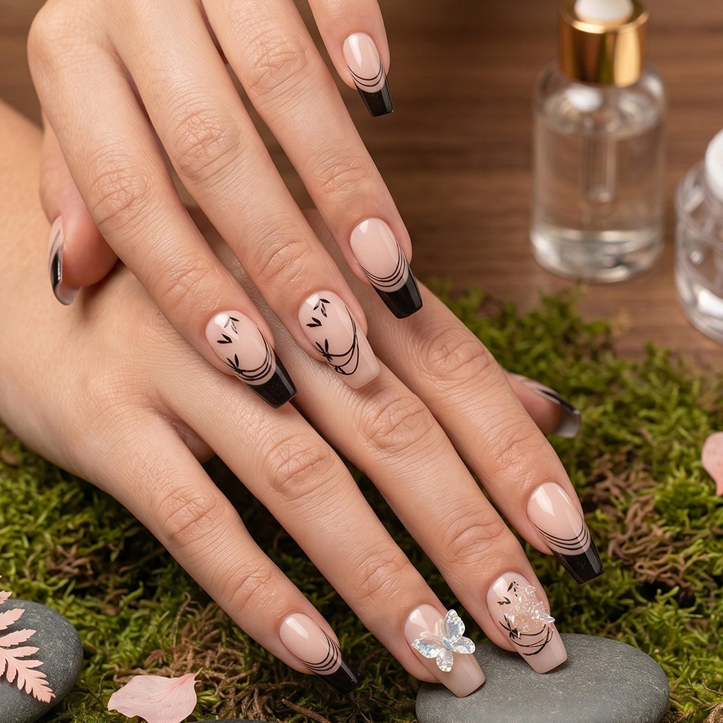 Burgundy Artificial Press-On Nails – Reusable Floral Set (Mix Design)