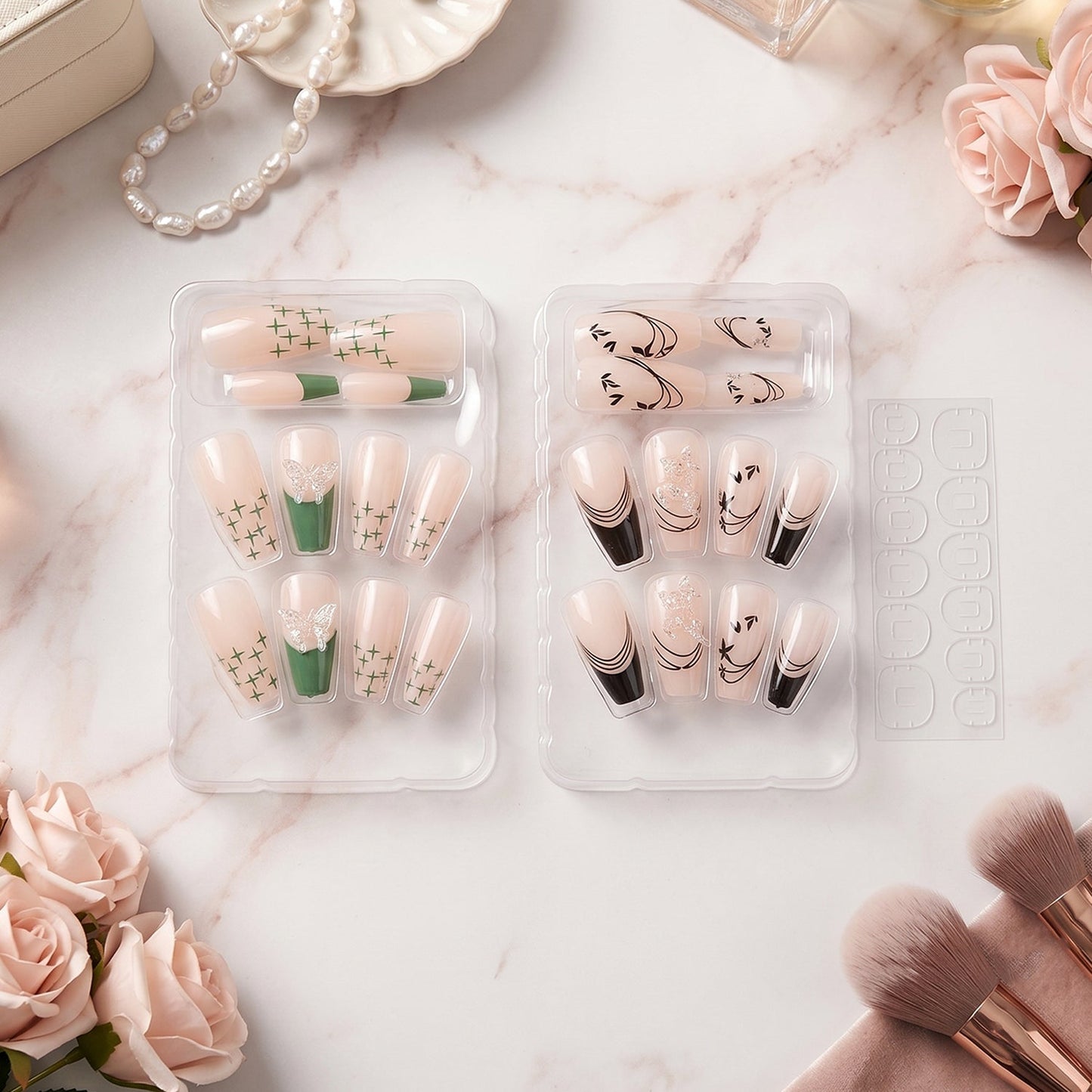 Burgundy Artificial Press-On Nails – Reusable Floral Set (Mix Design)