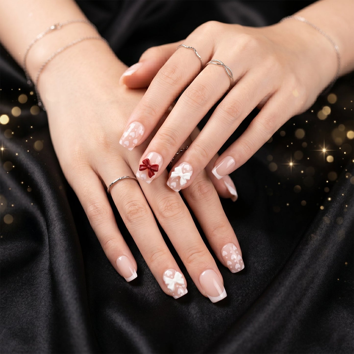 Press-On Nail Tips – Glitter 3D Floral Design with Strong Glue (Mix Design)