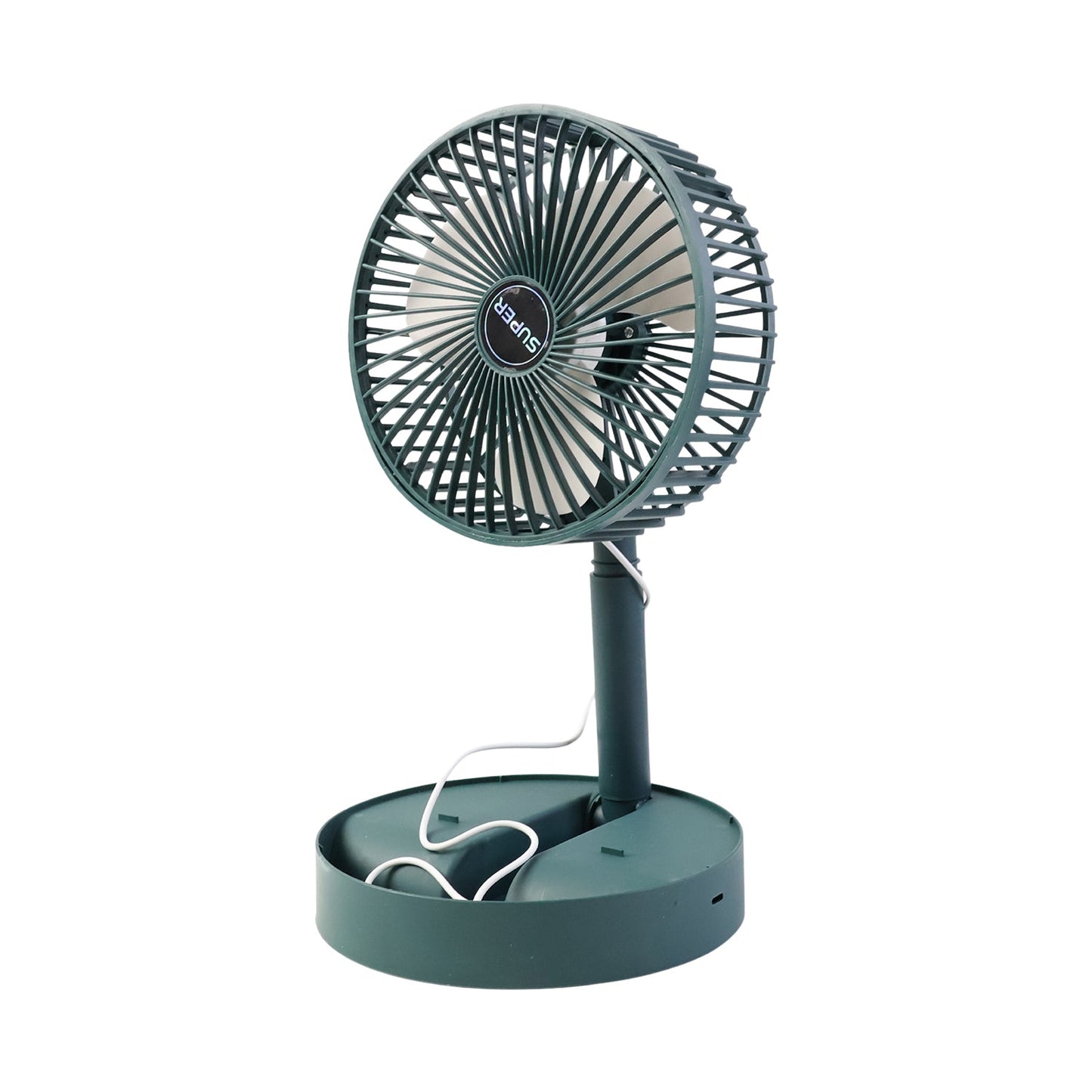 Close-up of compact foldable mini desk fan blades and mesh grille