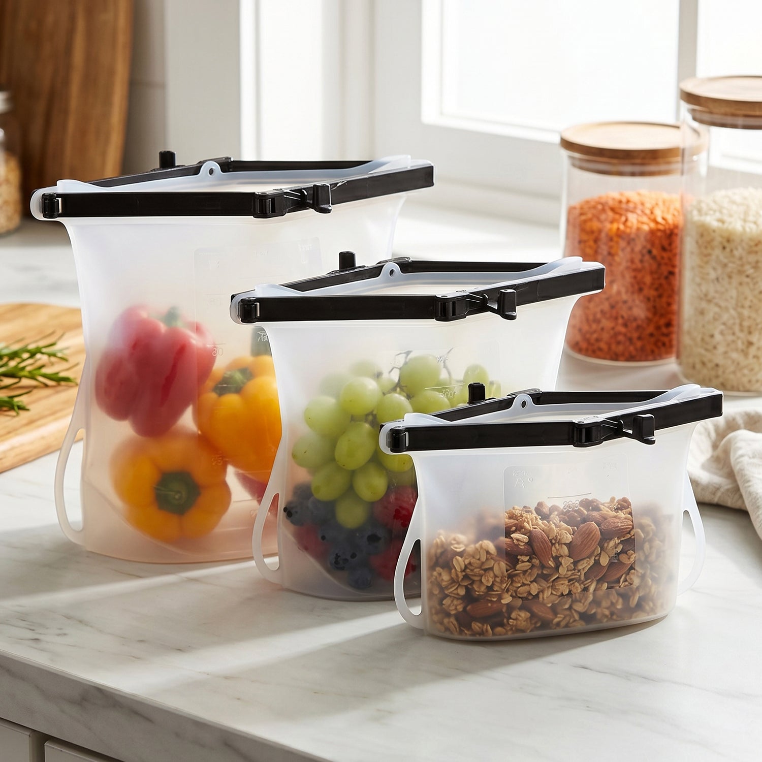 Leakproof silicone food bag holding liquid, demonstrating secure seal.