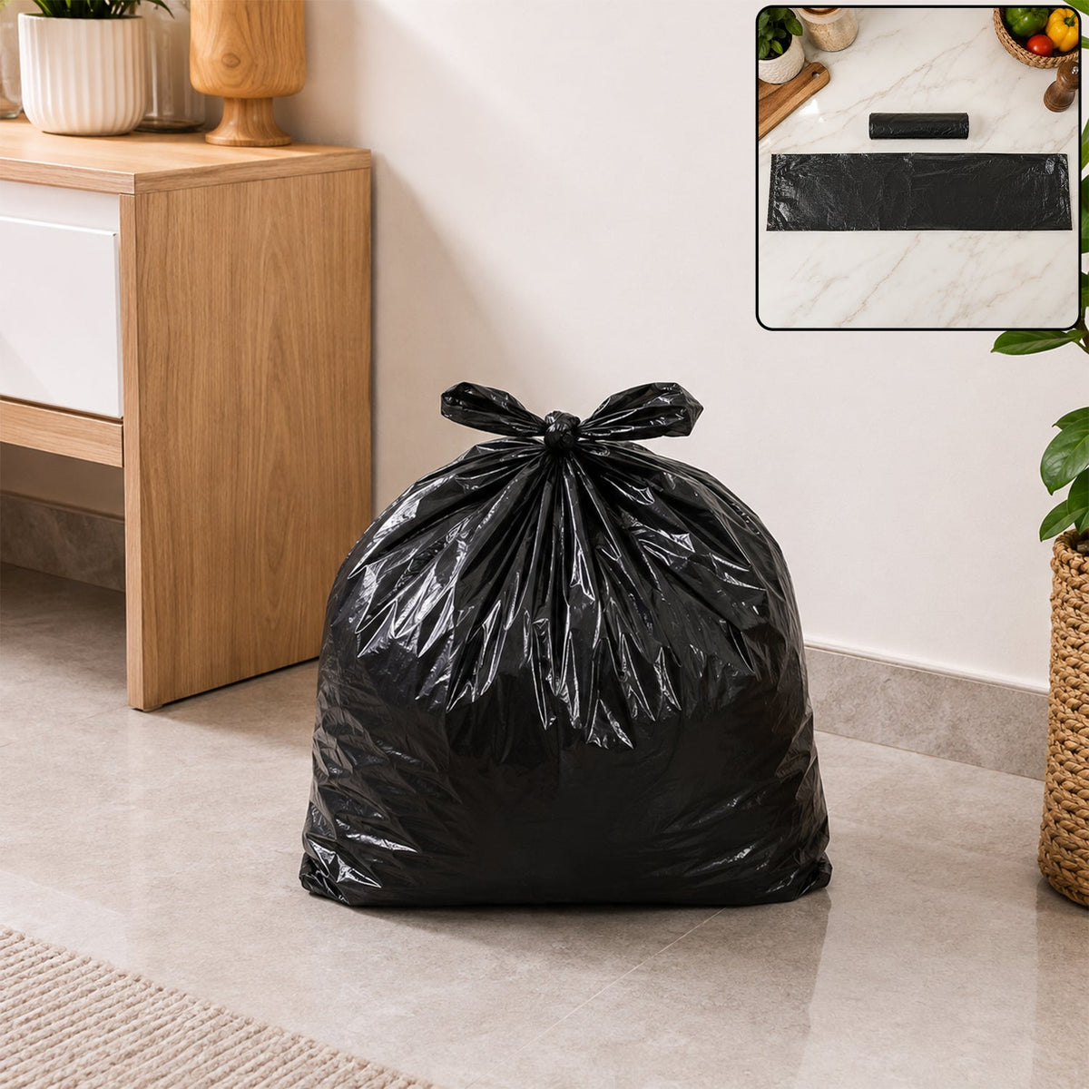 A tied black garbage bag sits on a light gray floor, with a rolled bag and flat bag shown in an inset.