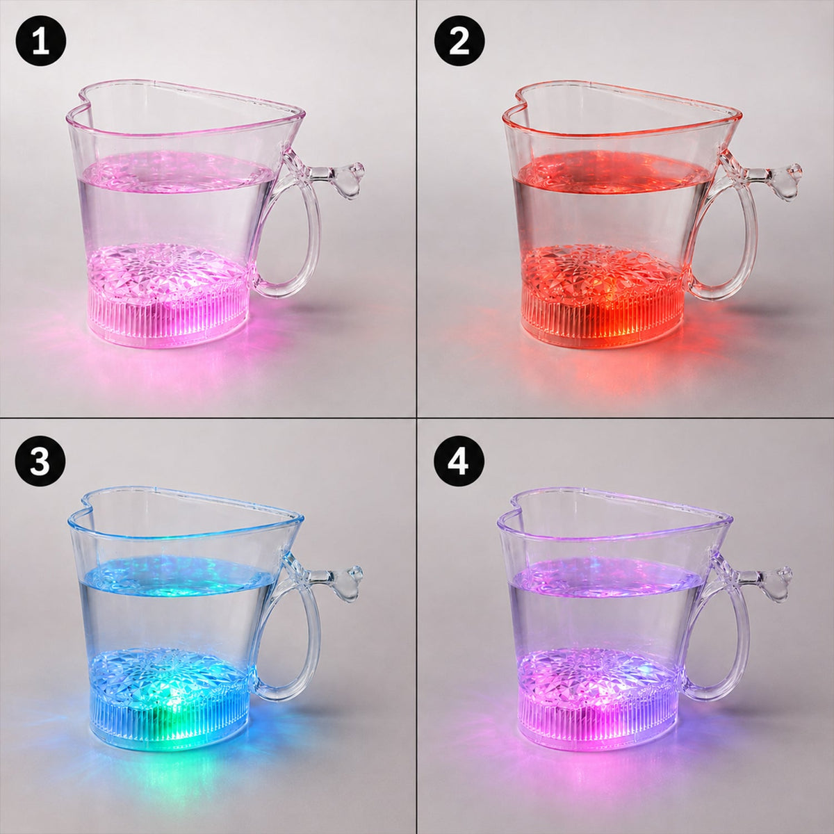 Four clear heart-shaped mugs, each filled with water and glowing in different colors: pink, red, blue, and purple.