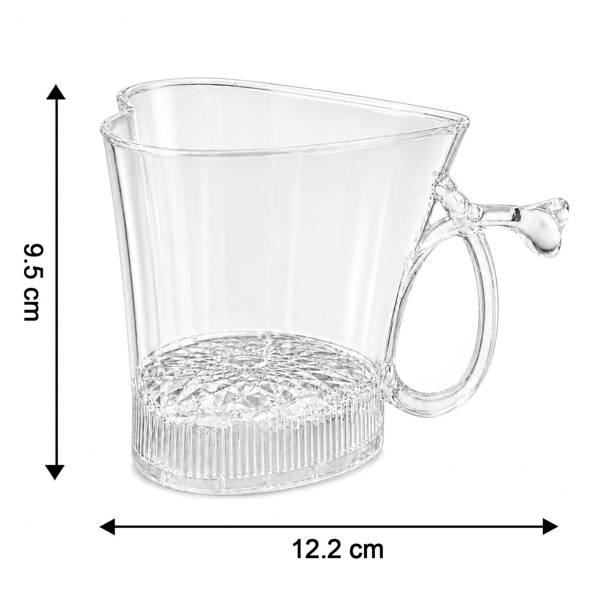 A clear, heart-shaped mug with dimensions indicated: 9.5 cm height and 12.2 cm width, on a white background.