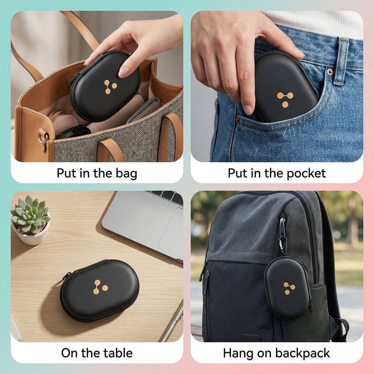 Four panels show the black hard shell case being placed in a bag, a pocket, on a table, and hanging from a backpack.