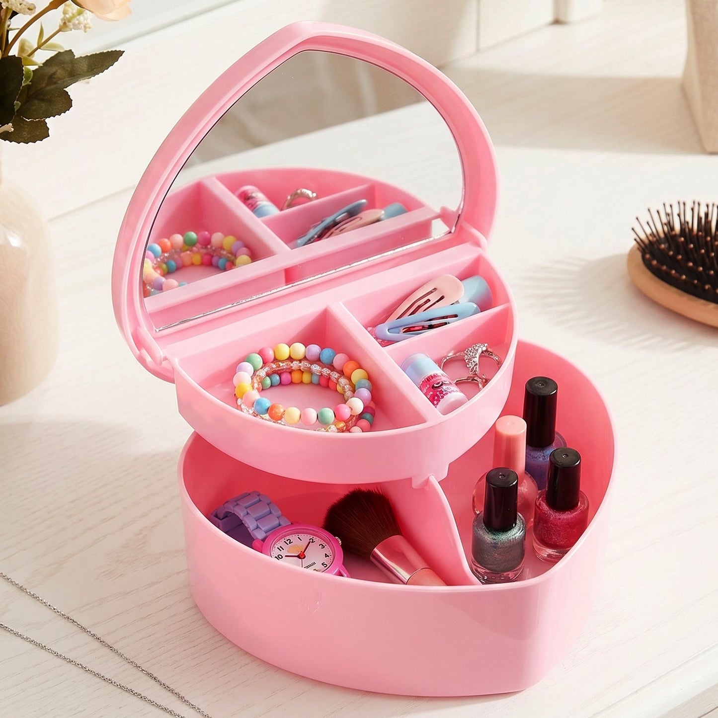 Makeup Storage Box with Mirror, Compact & Multi-Compartment Design